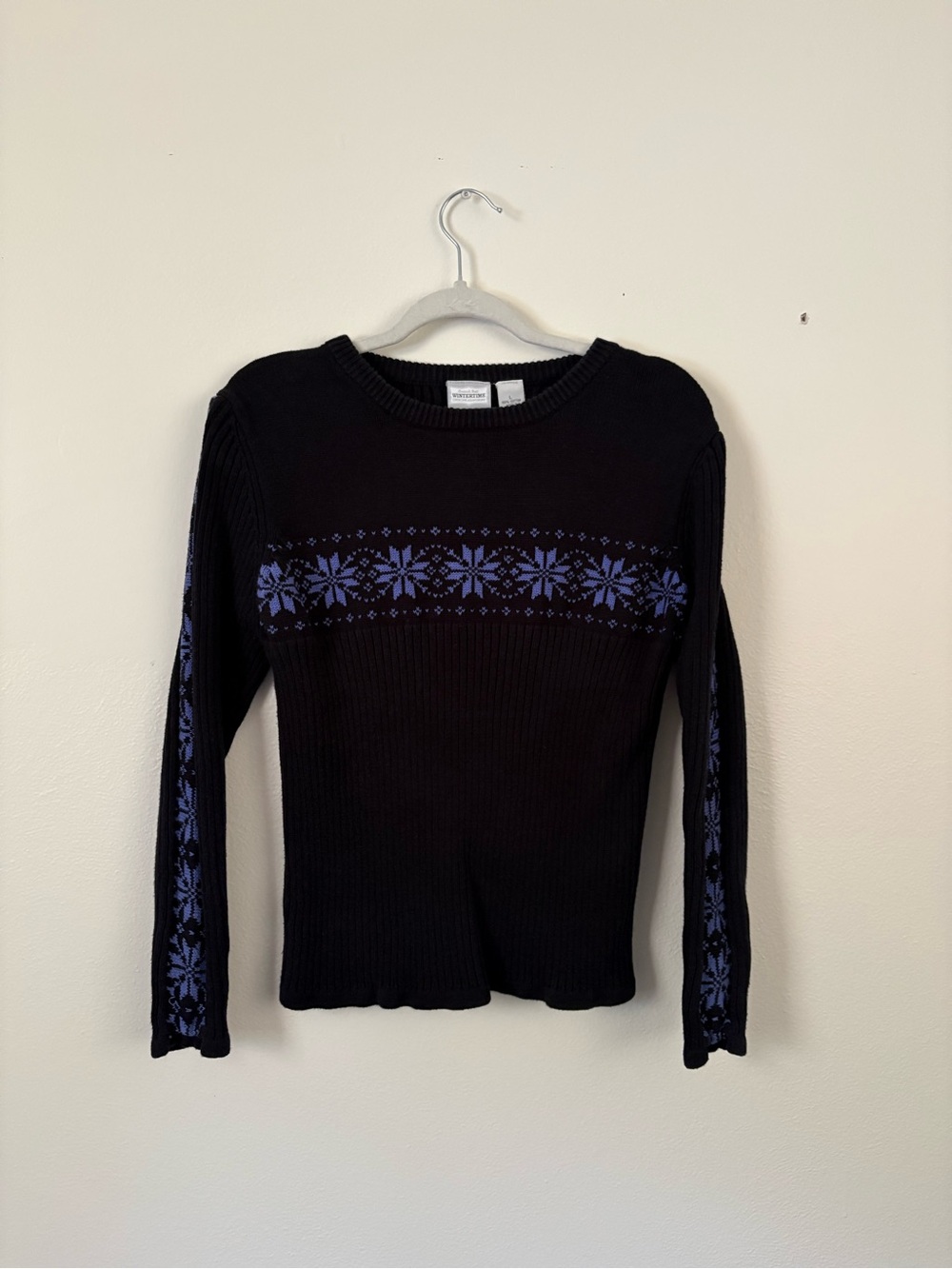 100% Cotton Cherokee Seasons Best Black Sweater with Blue Snowflake Accents